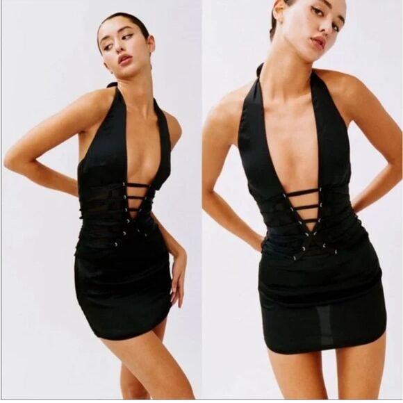 With Jean Black Harlow Dress Mini Lined Halter Sexy Gothic $249 XS - Picture 1 of 8